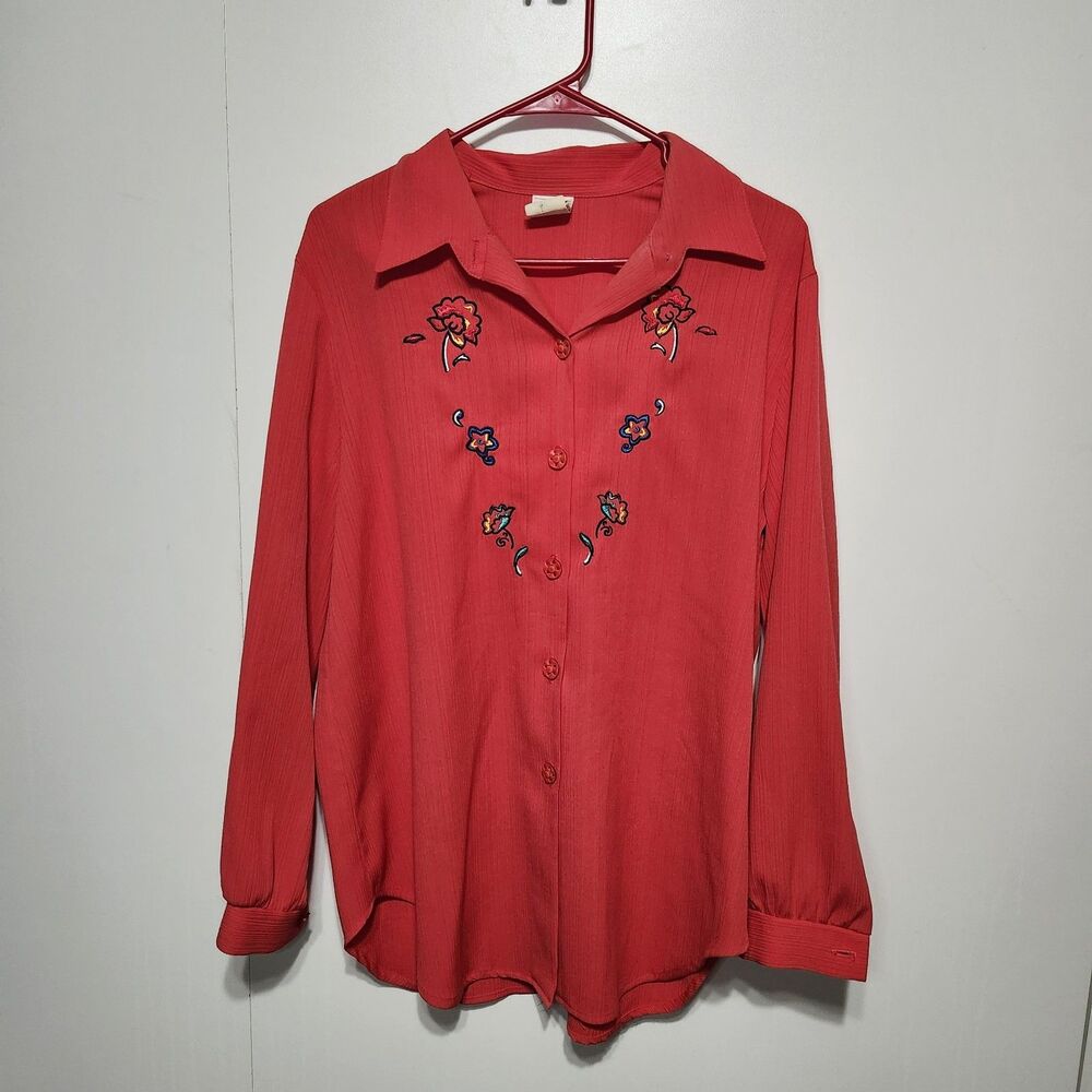 Vintage G.W. Graff Coral Floral Embroidered Blouse Tunic Grannycore Boho Sz 12